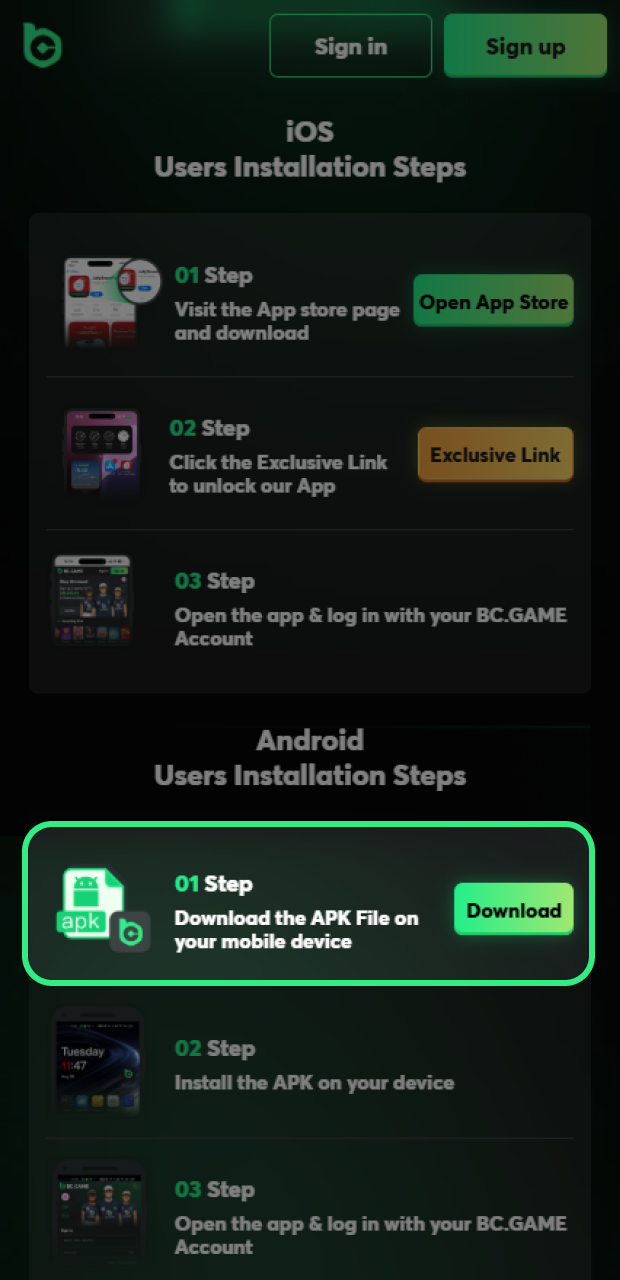 Click Download to install the BC Game app.