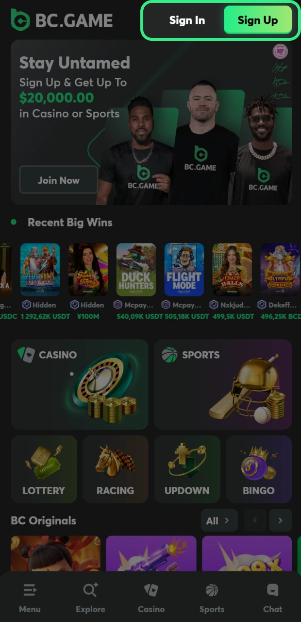 Log in to your account or create a new one to start playing on BC Game.