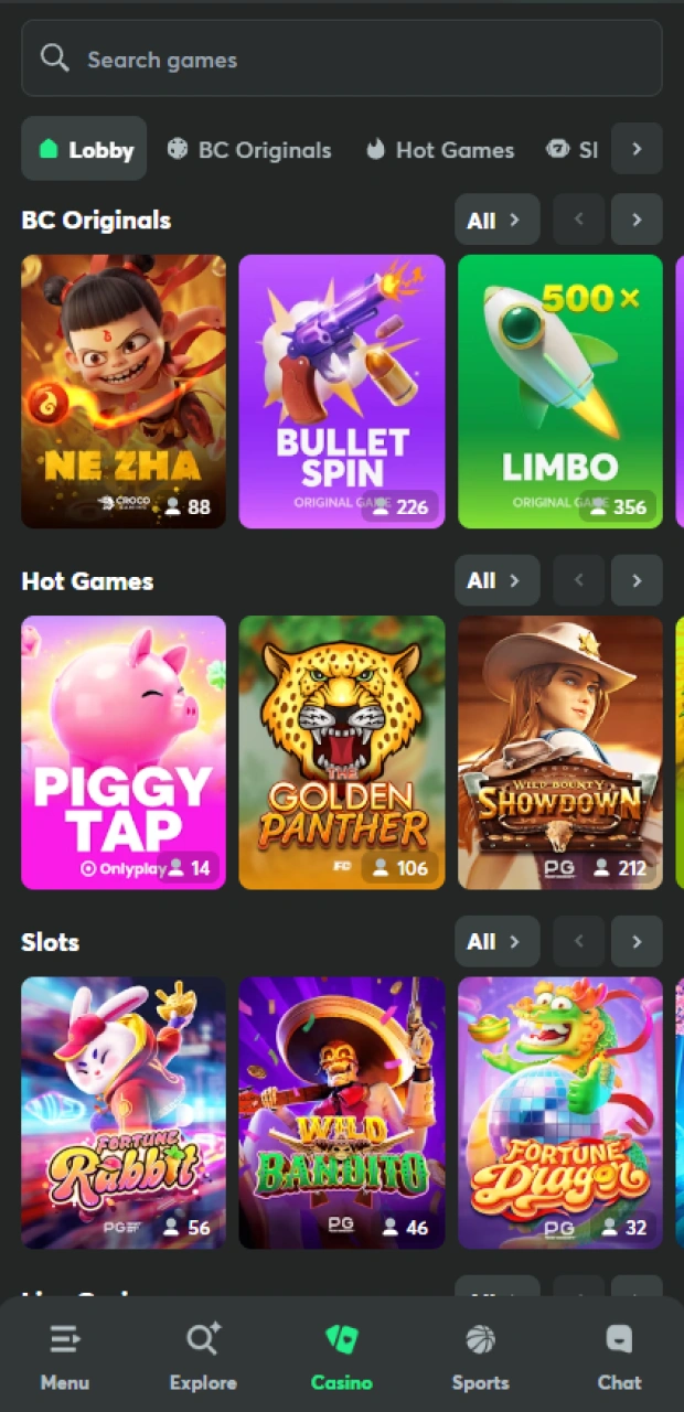 Choose the game you like from those offered by BC Game.