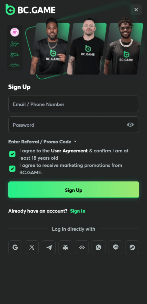 Click the “Sign Up” button and register an account on BC Game.
