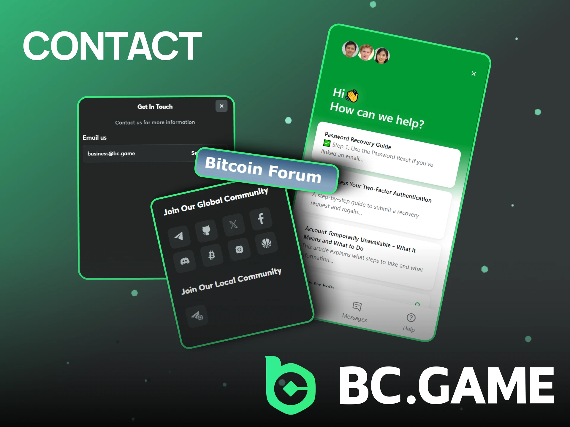 Options for how to contact BC Game.