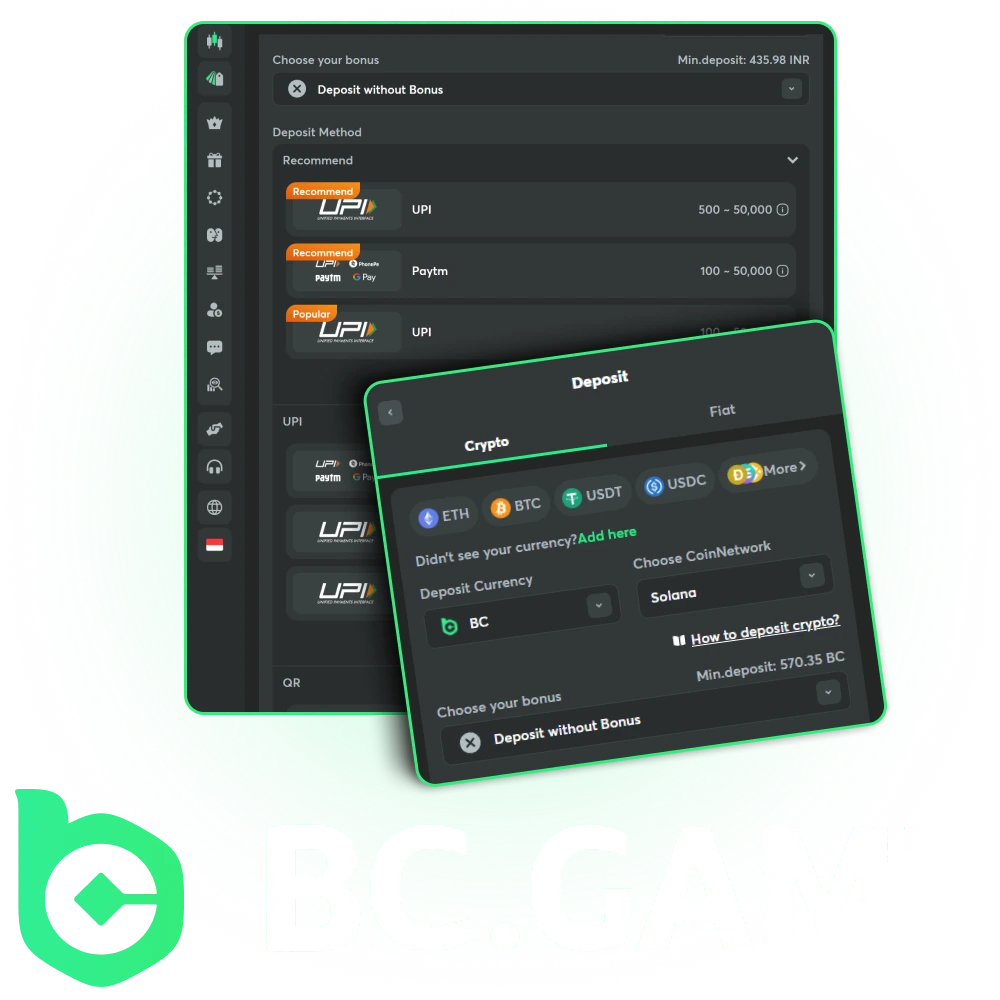 BC Game offers various payment methods.