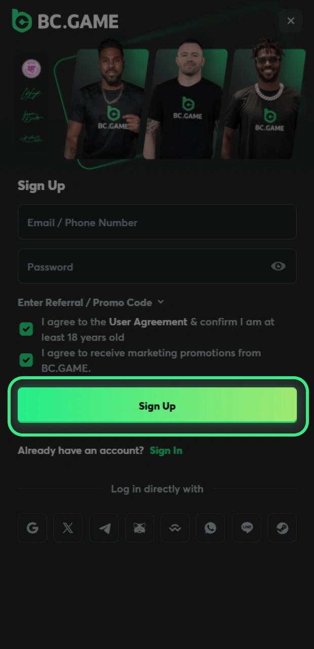 Complete the registration of an account on BC Game by clicking on the button.