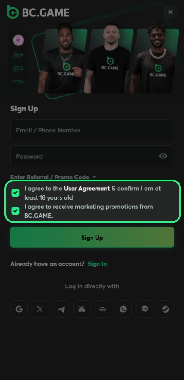 Agree to the rules of the BC Game platform.