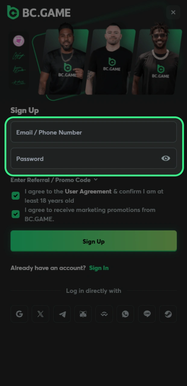 Enter your data in the appropriate fields of the BC Game form.