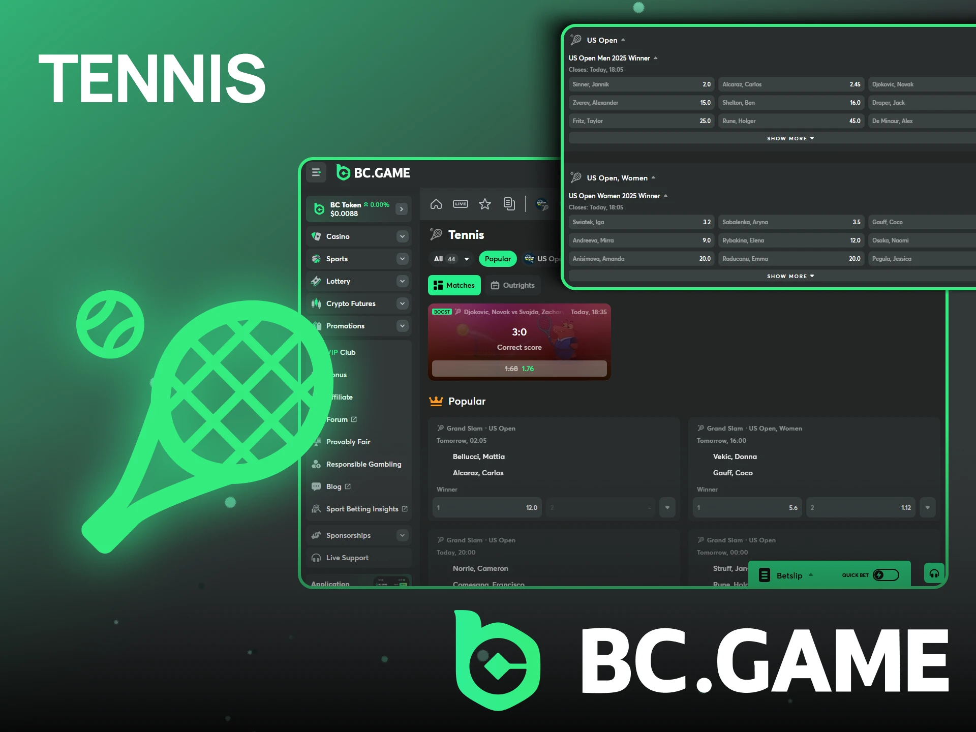 Bet on tennis matches at BC Game Casino.