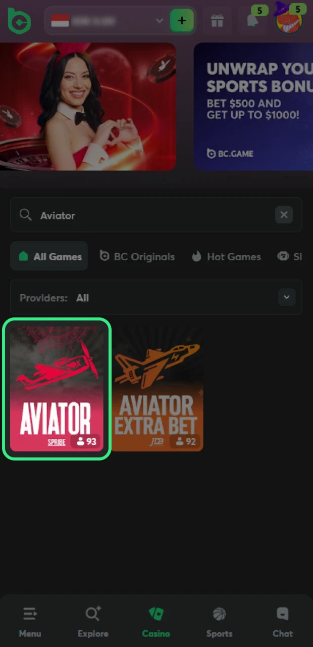 Find the Aviator game in the BC Game to start playing and win.