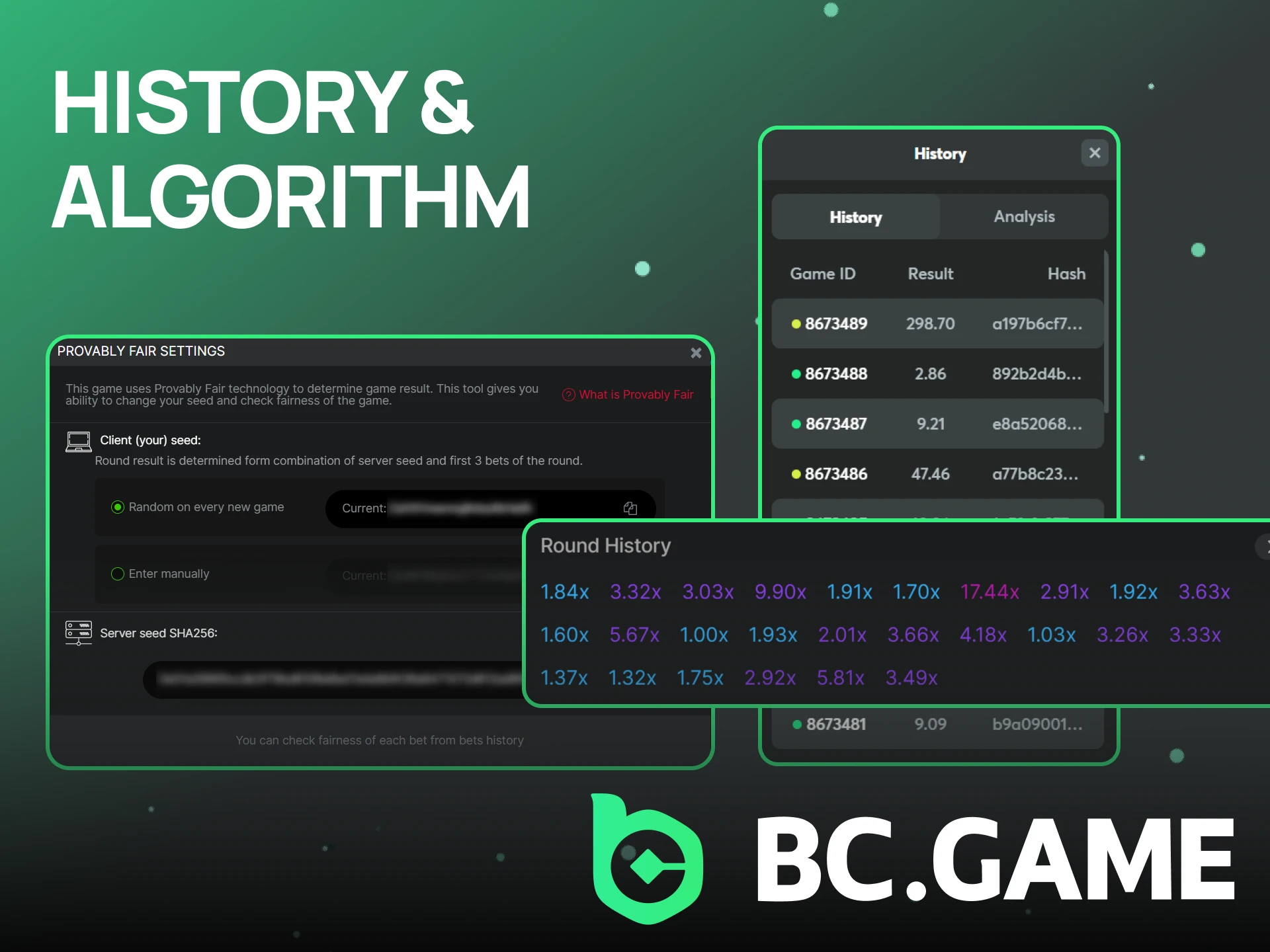 Analyze the history and algorithm of the crash games on BC Game.