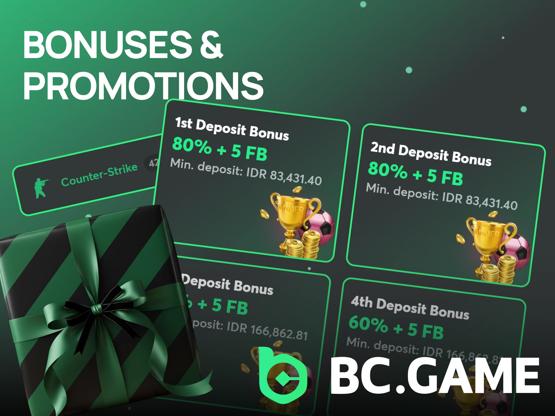 Explore bonuses and promotions available for CS2 betting on BC Game.