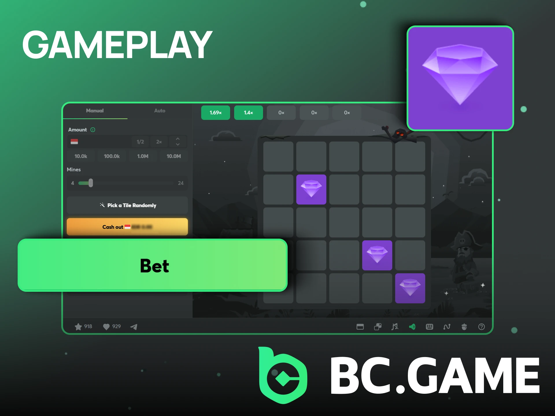 Understand the gameplay by clearing tiles without hitting bombs in Mines on BC Game.