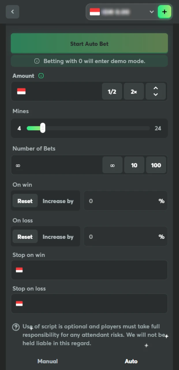 Activate auto bet for continuous Mines action on BC Game.