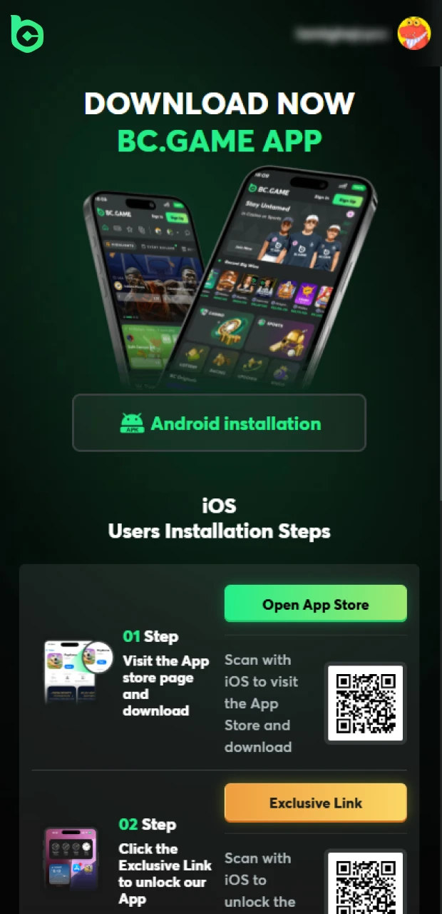 Choose the version iOS or Android to download the BC Game app for play Plinko.