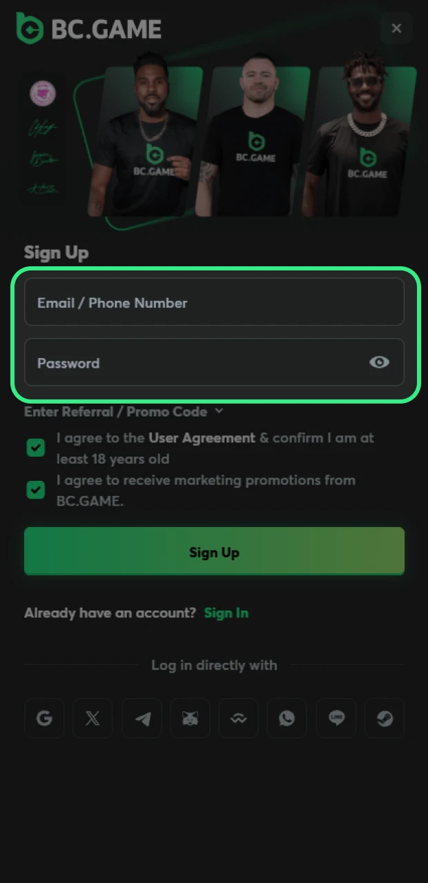 Fill in your details to create a BC Game account using the promo code.