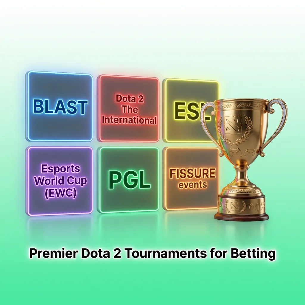 Professional Dota 2 tournament logos including The International, ESL One, and PGL Major championships