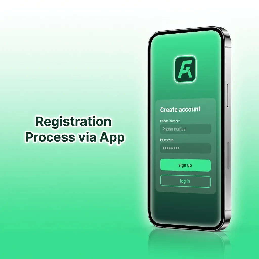 Mobile app registration screen showing sign-up form with email, password, currency selection, and promo code fields