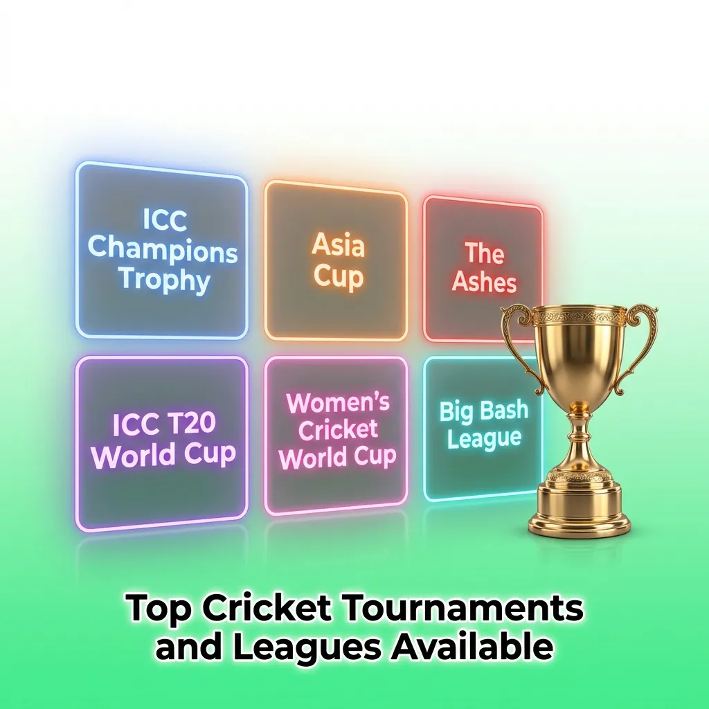 Cricket tournament logos including ICC World Cup, T20 World Cup, IPL, and The Ashes series displayed together