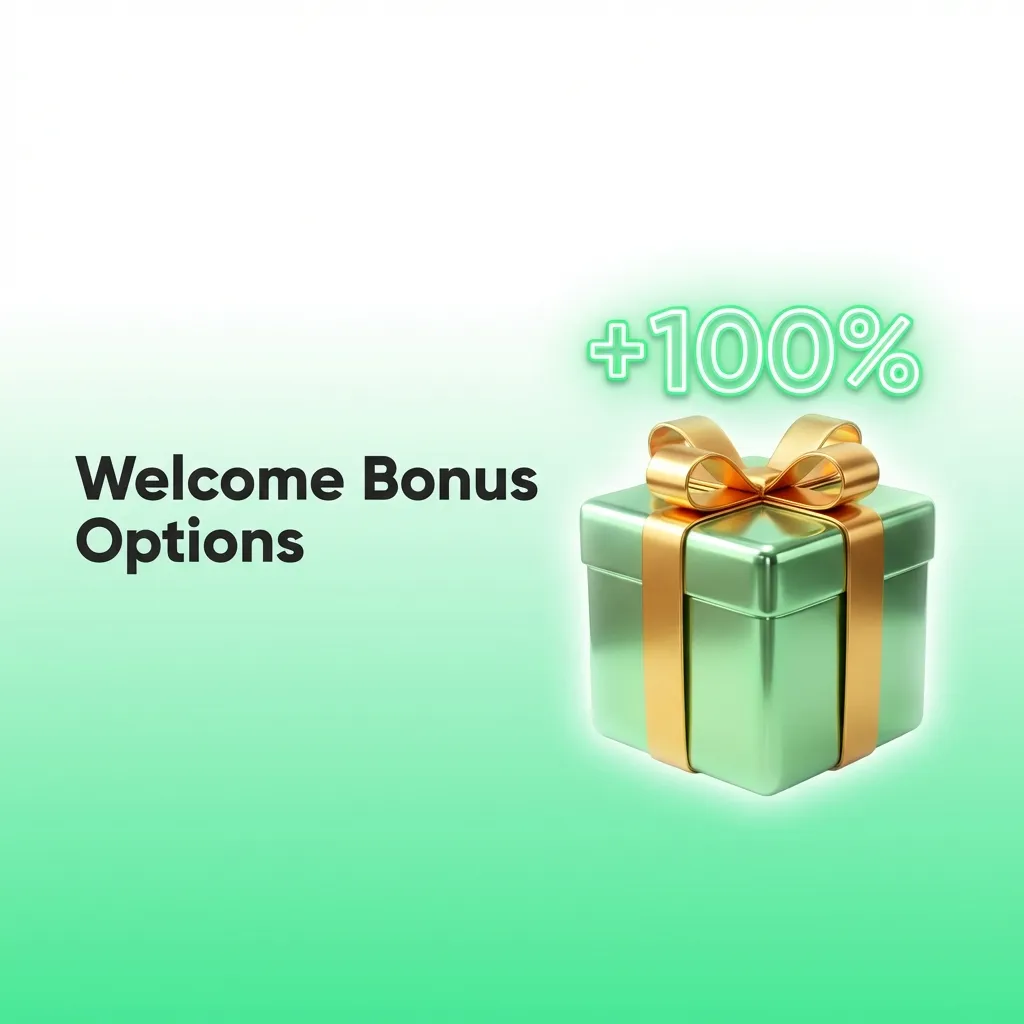 Table showing three welcome bonus options with deposit percentages, maximum amounts, and wagering requirements.