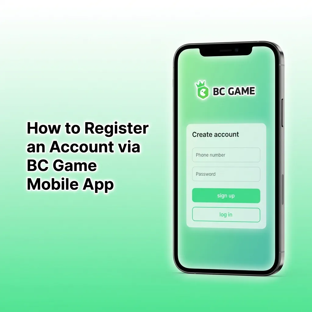 BC Game mobile app registration screen showing email, password fields, currency selection, and create account button
