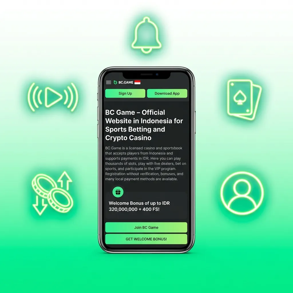 BC Game mobile app interface showing casino games, sports betting, and Indonesian payment options on smartphone