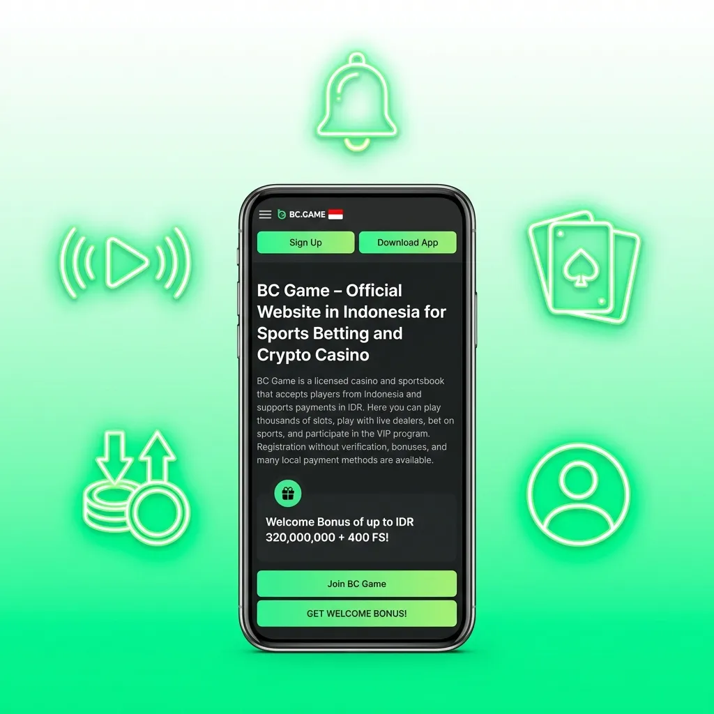 BC Game mobile app interface showing casino games, sports betting options, and Indonesian Rupiah currency support
