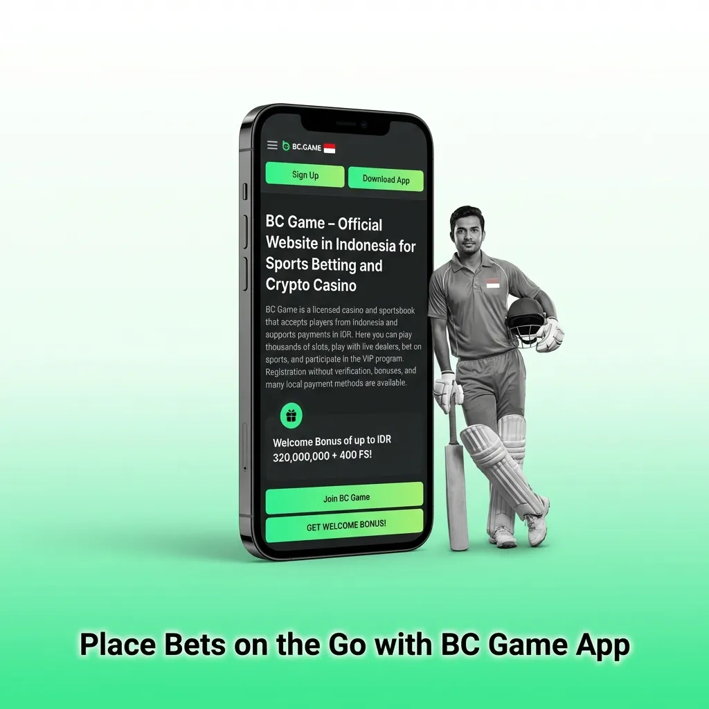 Person using BC Game mobile app to place cricket bets on smartphone with live odds and betting markets displayed on screen