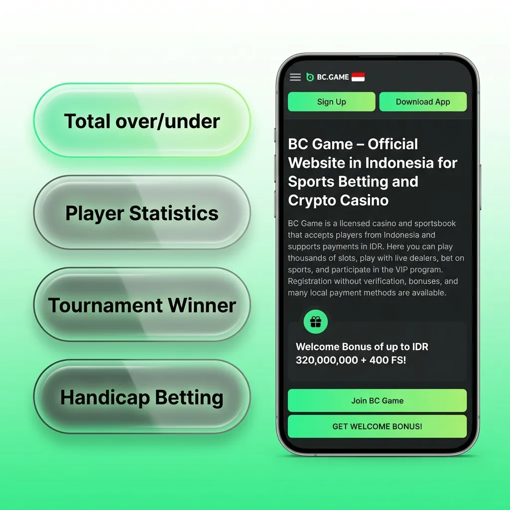 BC Game app interface displaying various betting options including single, accumulator, system, handicap, and over/under bets