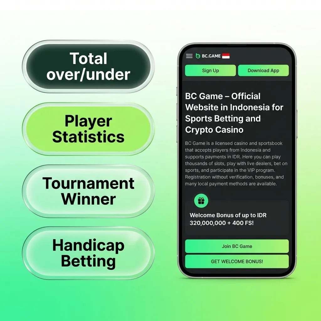 BC Game betting app interface showing various bet types: single, accumulator, system, handicap, and over/under options.