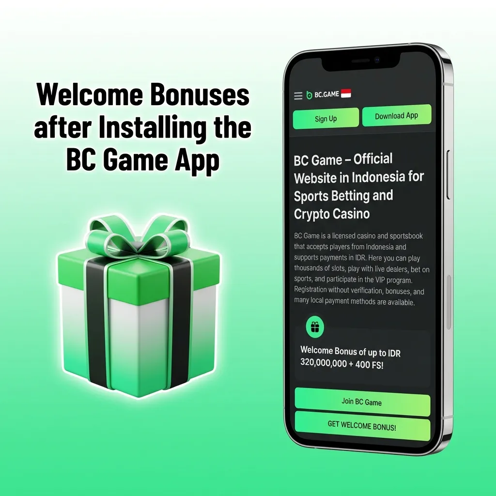 BC Game app welcome bonus offers including casino bonus up to IDR 320M, 400 free spins, and sports betting rewards