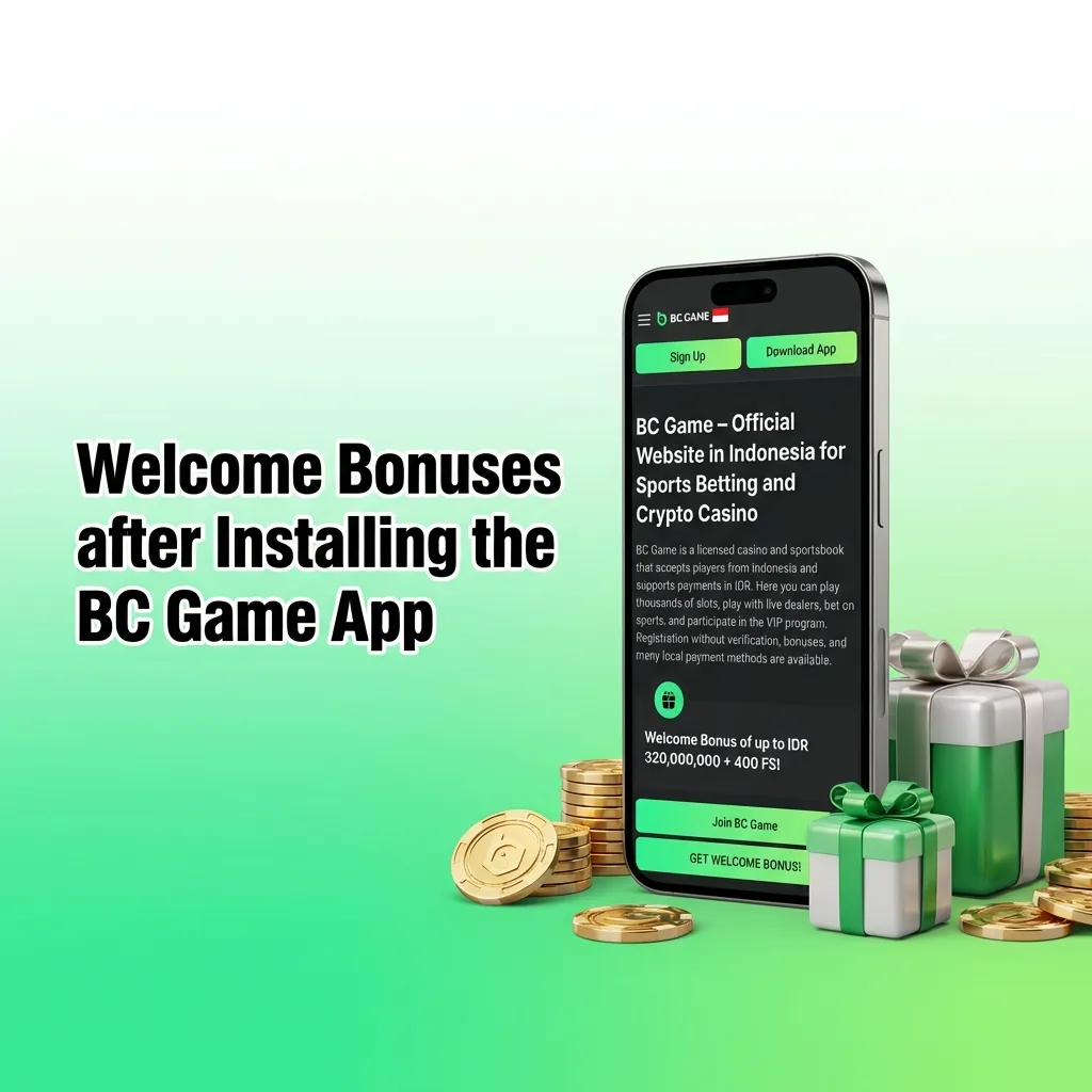 BC Game app welcome bonus package showing deposit matches up to IDR 320,000,000 plus 400 free spins for Indonesian players