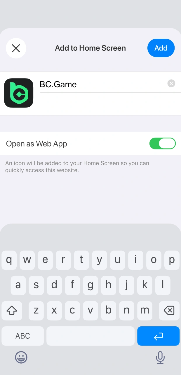 Add the BC Game Plinko PWA icon to your home screen on iOS.